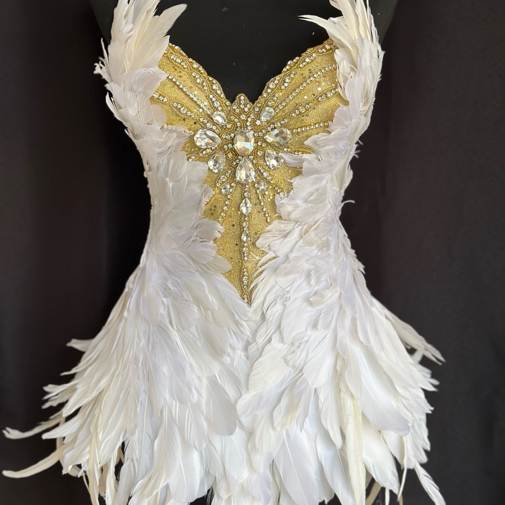 Elegant White and Gold Feather Dress White Swan Costume